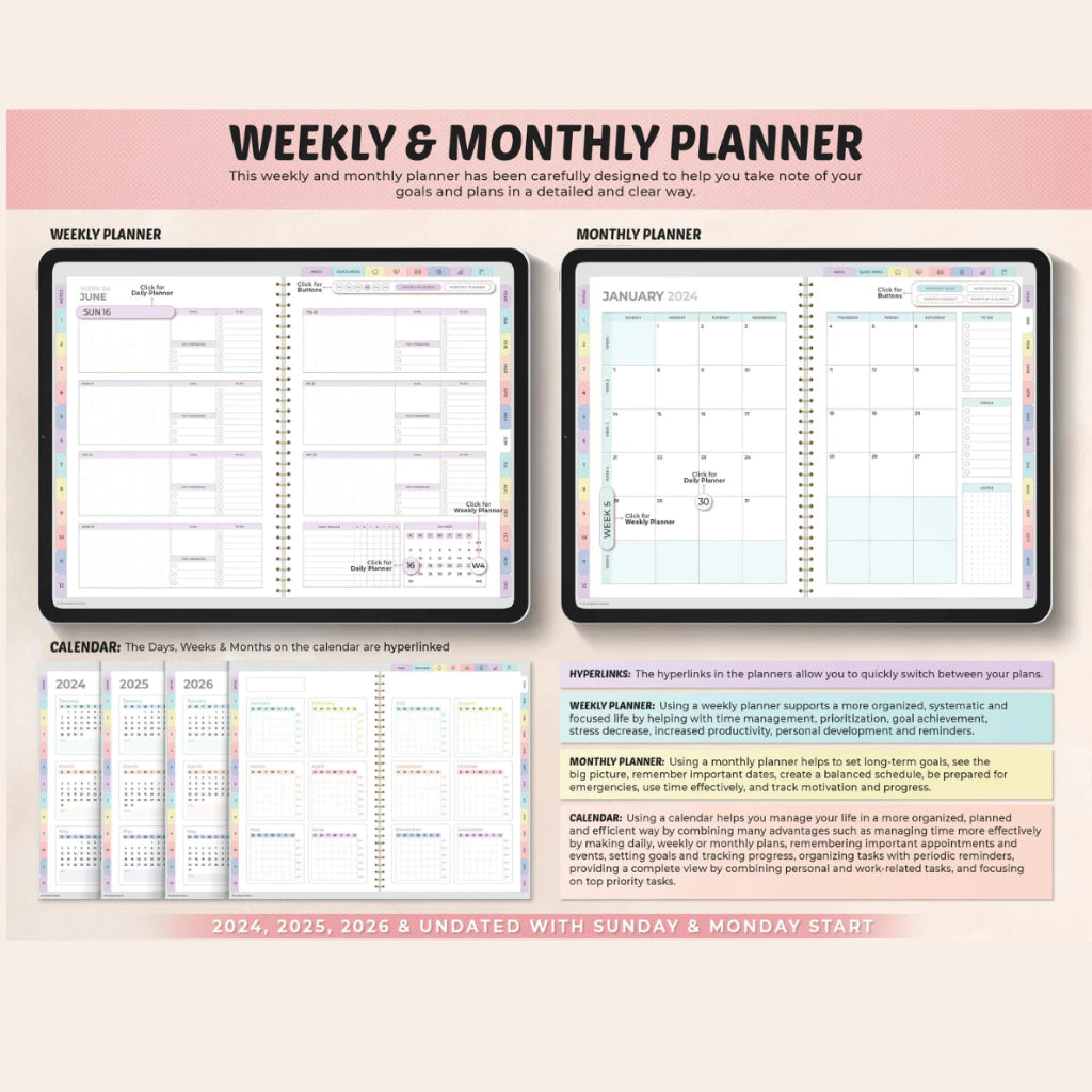 All In One Digital Planner 2026 and Undated | Daily Weekly Monthly Planner | Stickers | Goodnotes Template