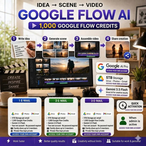 Promotional infographic for Google Flow AI showing a digital workflow from idea to video with four illustrated steps, a laptop screen with editing software, and three email account panels labeled 1 E-Mail, 2 E-Mail, and 3 E-Mail. The design uses blue, purple, white, and green, with Google branding and icons visible.
