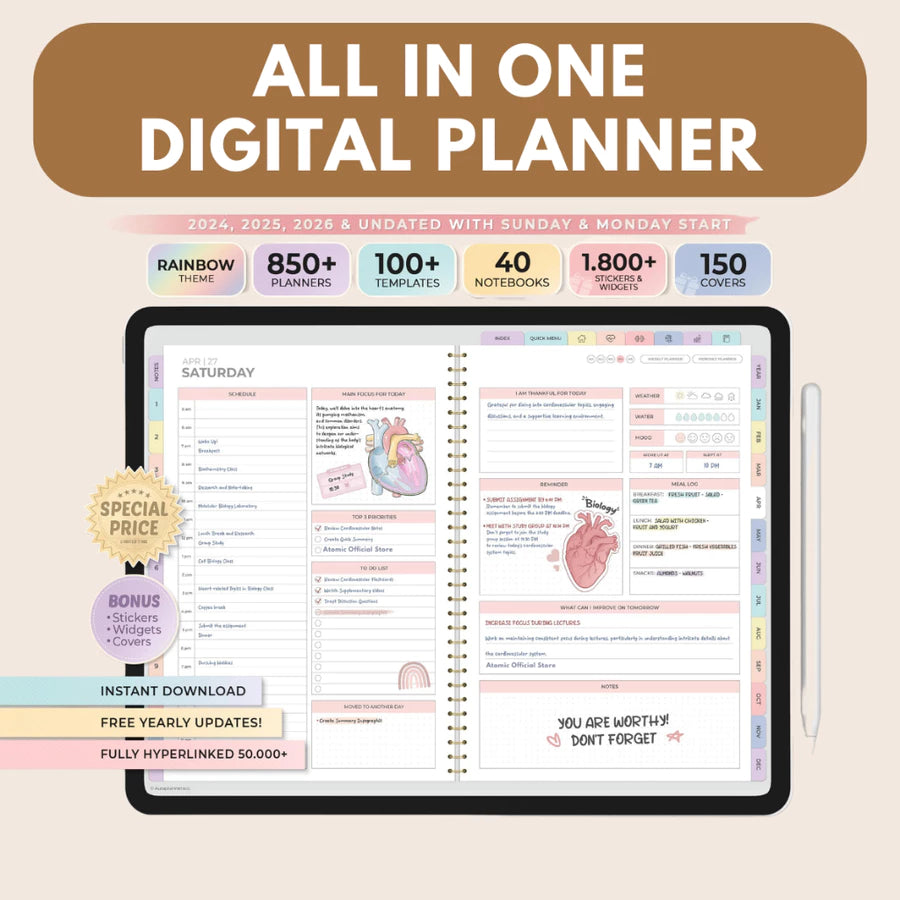 All In One Digital Planner 2026 and Undated | Daily Weekly Monthly Planner | Stickers | Goodnotes Template